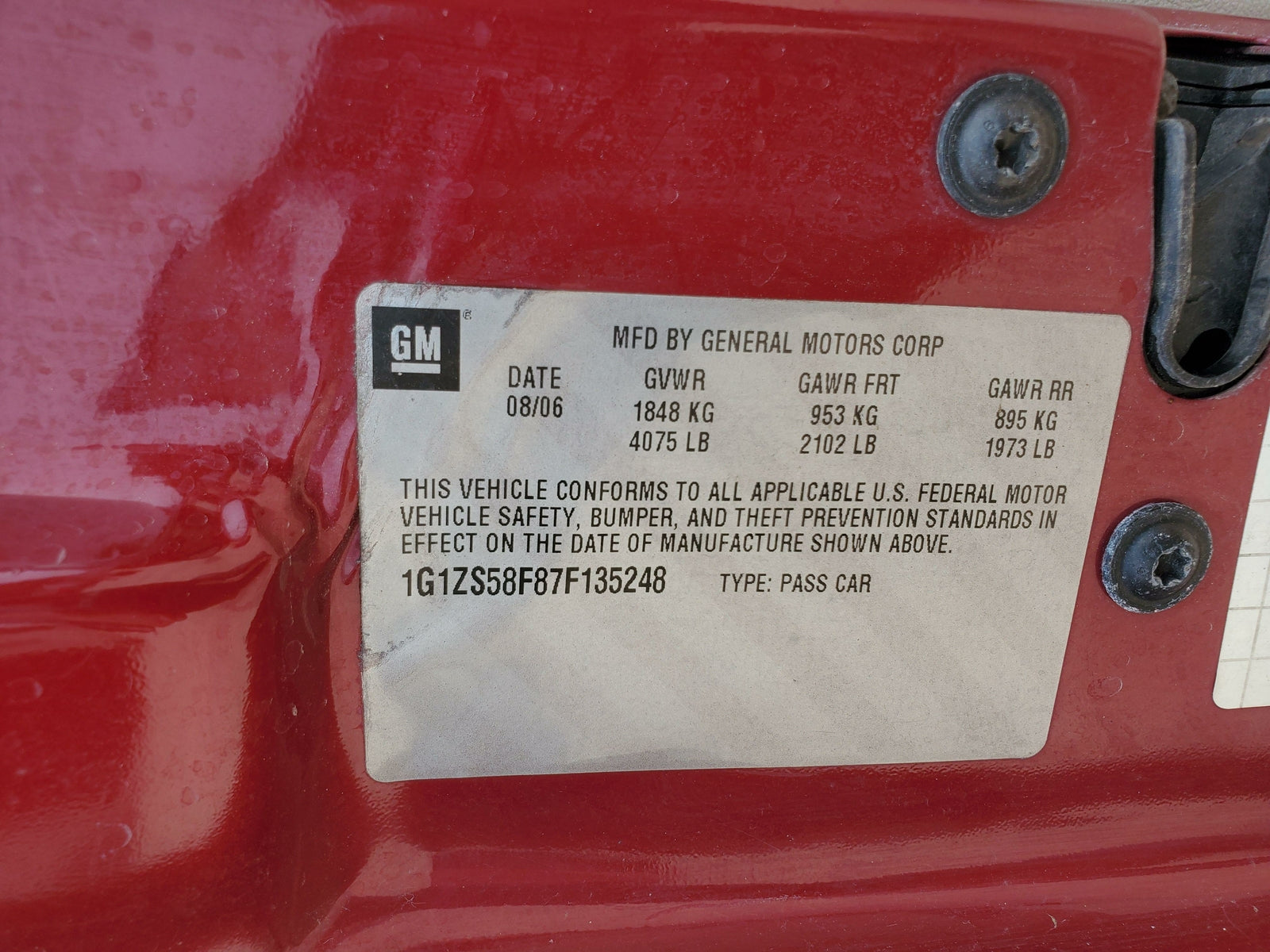 2007 08 Chevy Malibu LS Rear Left LH Outside Door Handle VIN Z 04 05 06